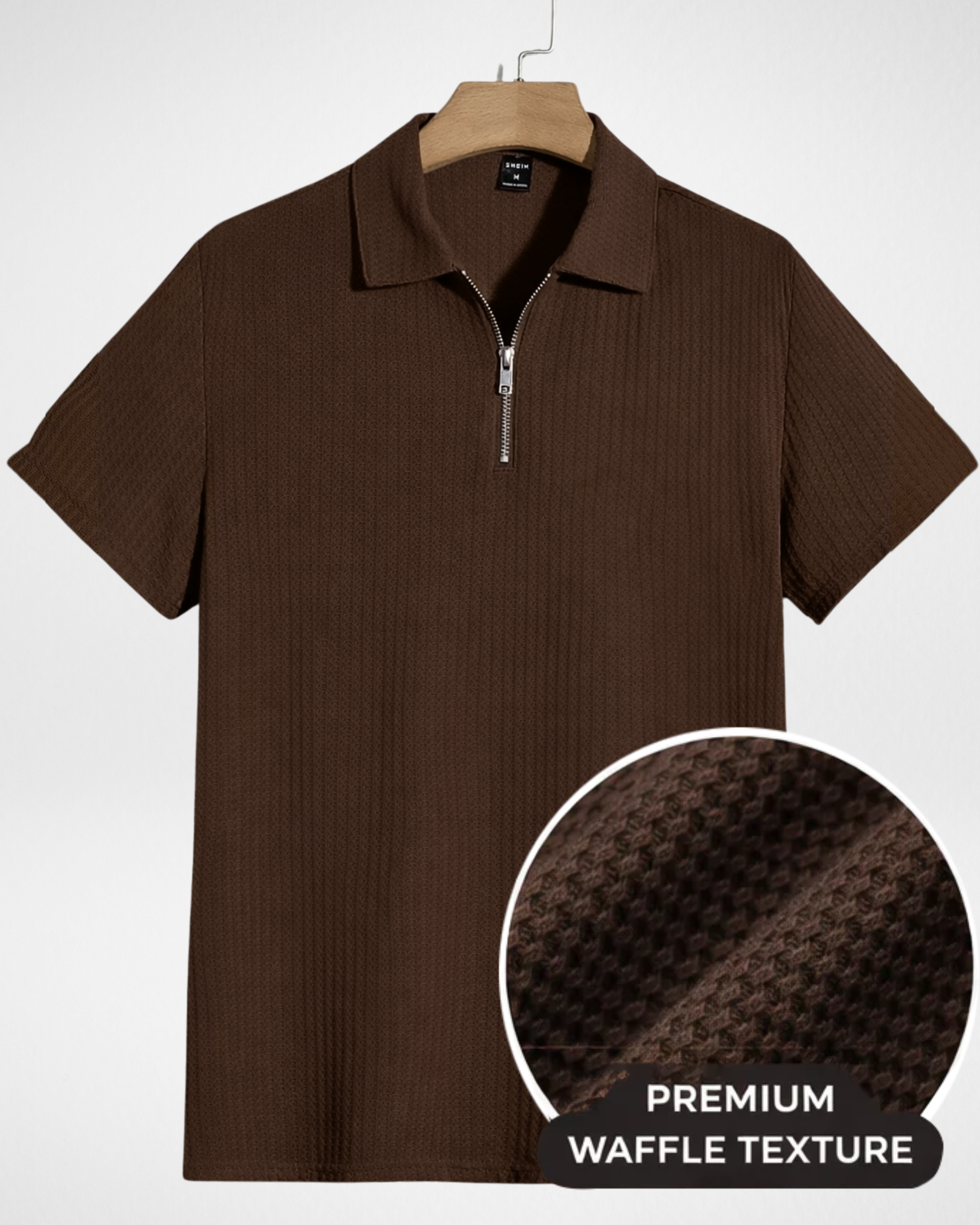 Buy Men's Dark Brown Waffle Zip Polo T-Shirt – Best Quality with