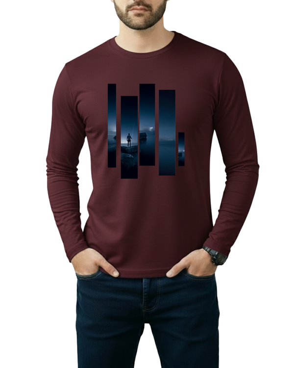 Maroon Printed Men’s Full Sleeves Tee – Jersey Fabric, Classic Fit, Everyday Comfort (Code 3561)