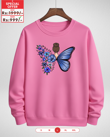 Butterfly Shocking Pink Printed Sweatshirt – Warm and Stylish Fleece (Code 4083)