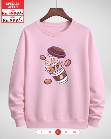 ONLY LARGE SIZE – Coffee Cup Pink Printed Sweatshirt – Warm and Stylish Fleece (Code 4084)