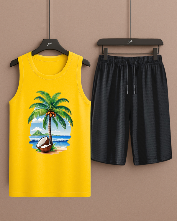 Co-Order Set Yellow Tanktop Printed Palm Tree with Black Shorts– Comfortable Wear (Code 3357)