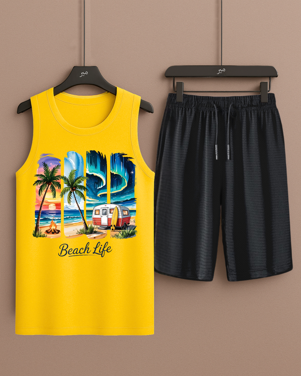 Co-Order Set Yellow Tanktop Printed Beach Life with Black Shorts– Comfortable Wear (Code 3356)