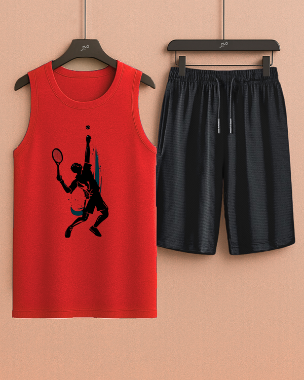 Red Padel Tanktop black print with Black Shorts– Comfortable Wear (Code 3358)
