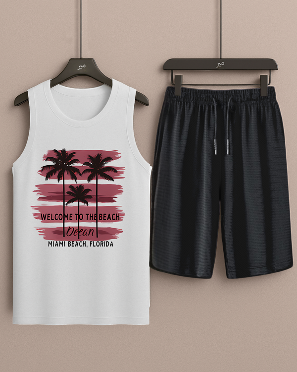 White Tanktop Printed with Black Shorts– Comfortable Wear (Code 3359)