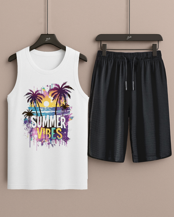 White Tanktop Printed Tree Summer Vibes with Black Shorts– Comfortable Wear (Code 3355)