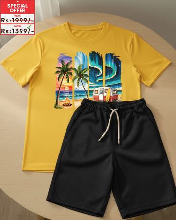 Yellow T-Shirt Printed with Black Shorts– Comfortable Wear (Code 3840)