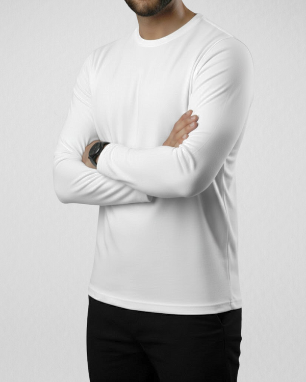 White Men’s Full Sleeves Tee – Jersey Fabric, Classic Fit, Everyday Comfort (Code 3539)