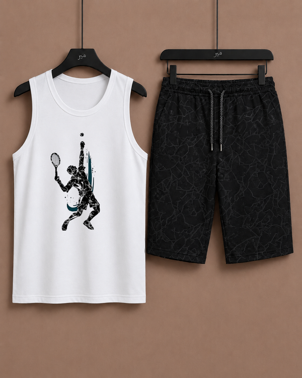 White Tanktop with Silver Patch Printed Shorts– Comfortable Wear (Code 5356)