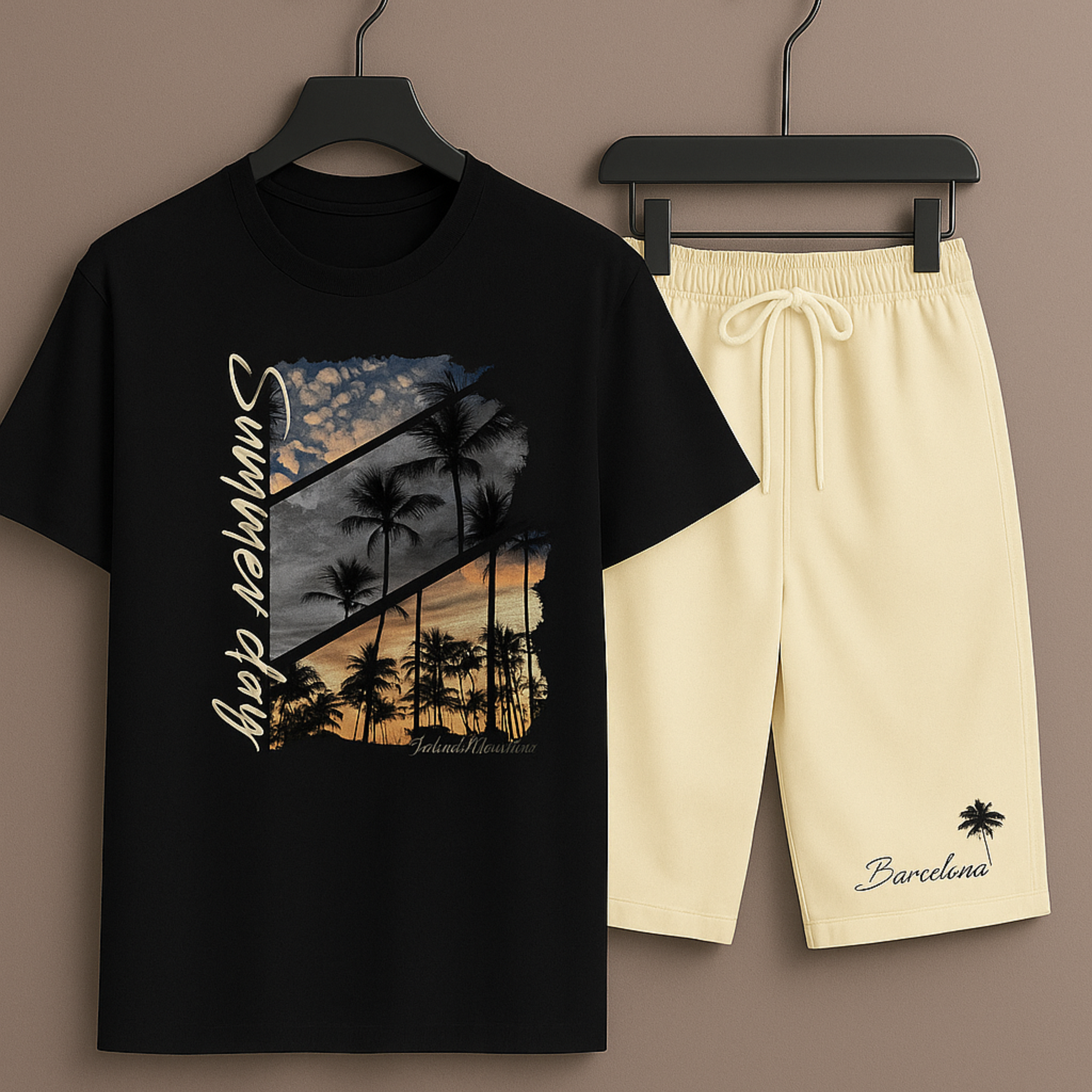 Black T-Shirt Printed with Printed Beige Shorts– Comfortable Wear (3363)