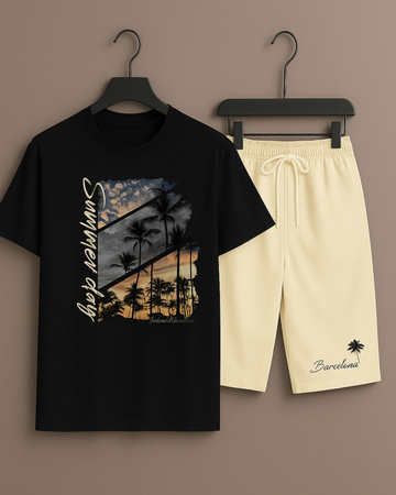 Black T-Shirt Printed with Printed Beige Shorts– Comfortable Wear (3363)