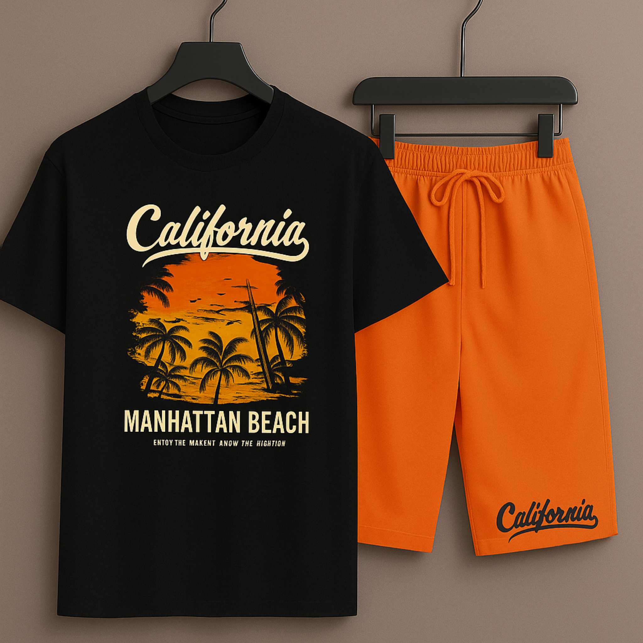 Black T-Shirt Printed with Printed Orange Shorts– Comfortable Wear (3365)