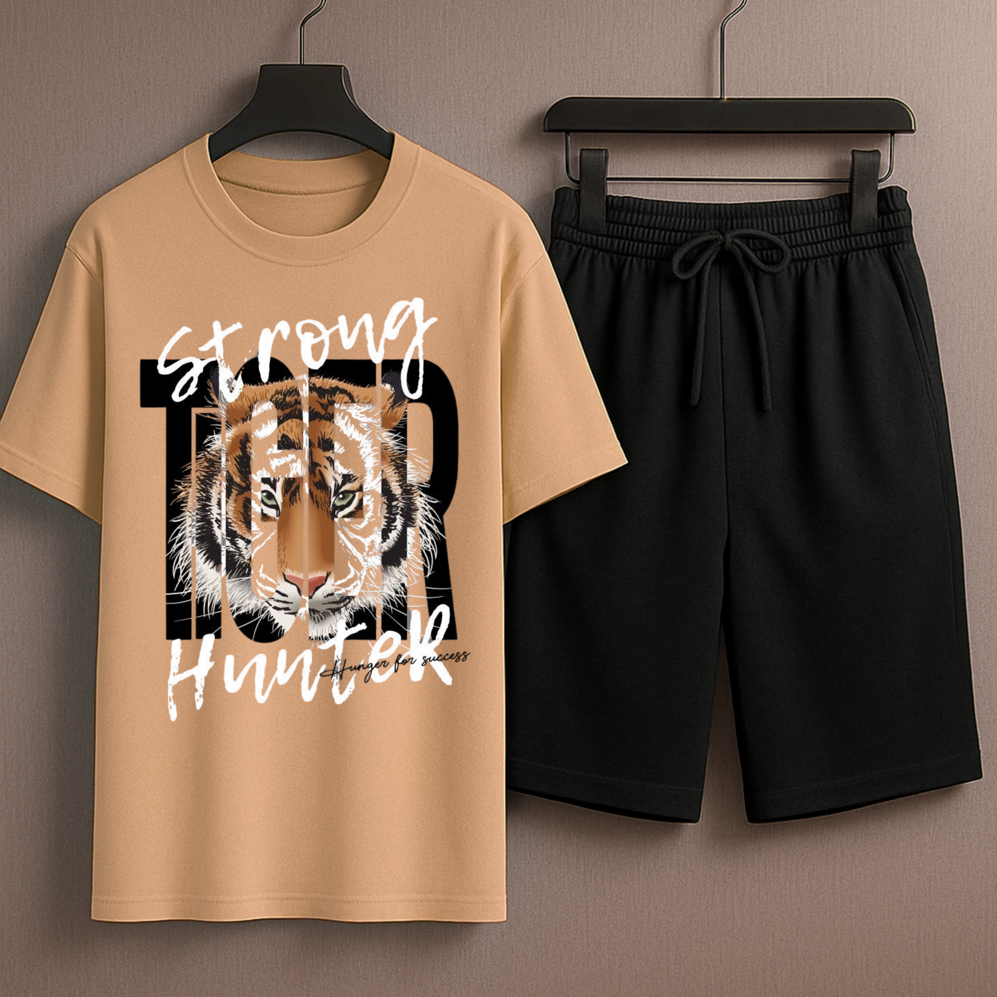 Beige T-Shirt Printed with Black Shorts– Comfortable Wear (3368)