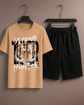 Beige T-Shirt Printed with Black Shorts– Comfortable Wear (3368)