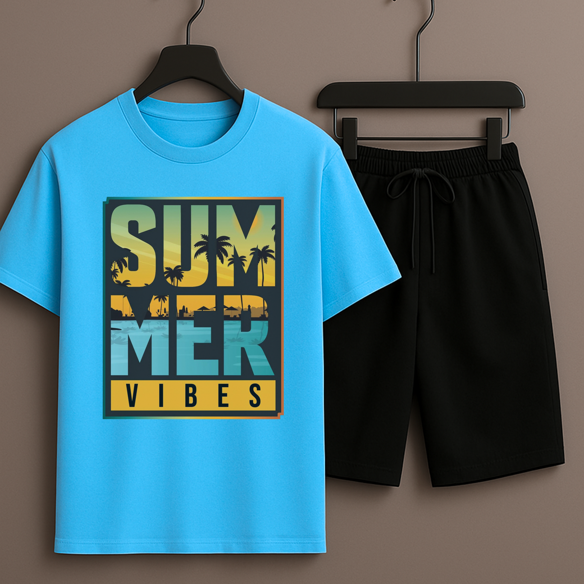 Sky Blue T-Shirt Printed with Black Shorts– Comfortable Wear (3369)