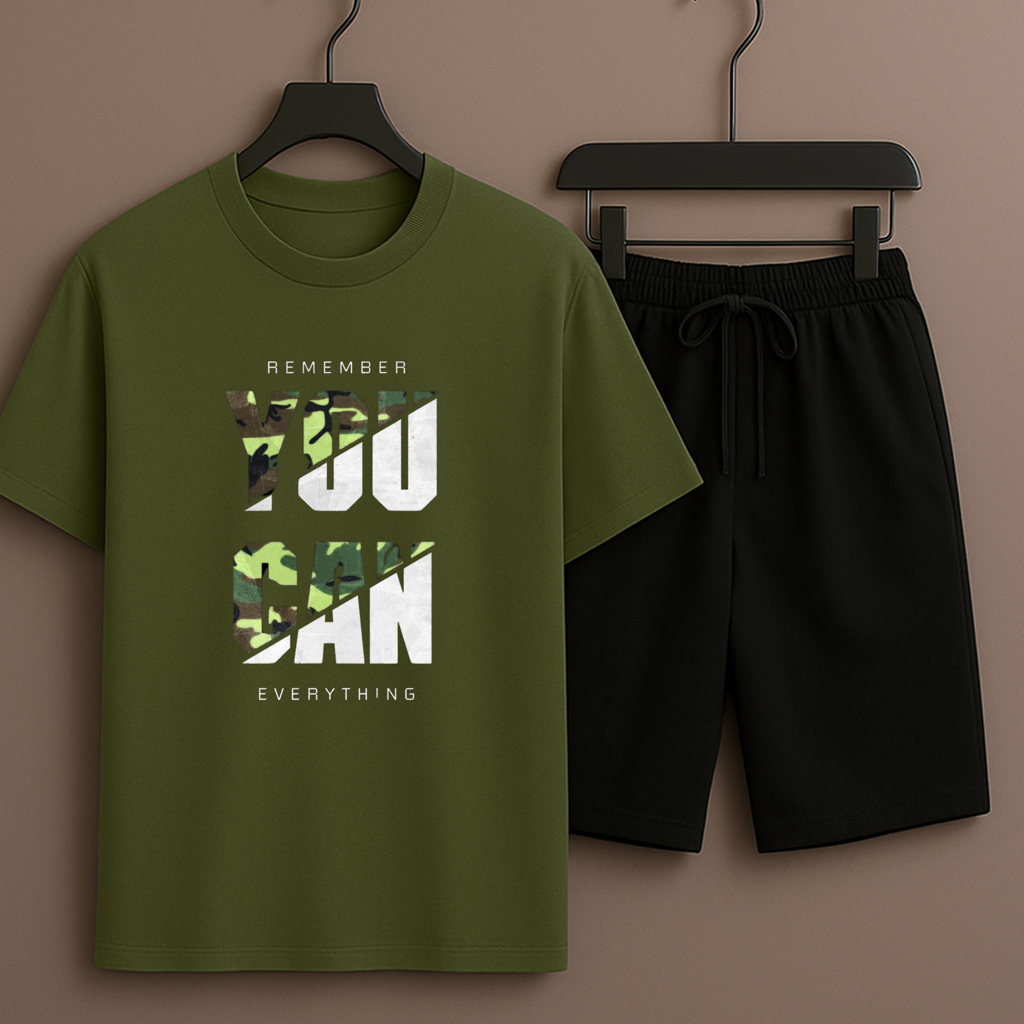 Olive T-Shirt Printed with Black Shorts– Comfortable Wear (3373)