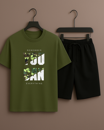 Olive T-Shirt Printed with Black Shorts– Comfortable Wear (3373)