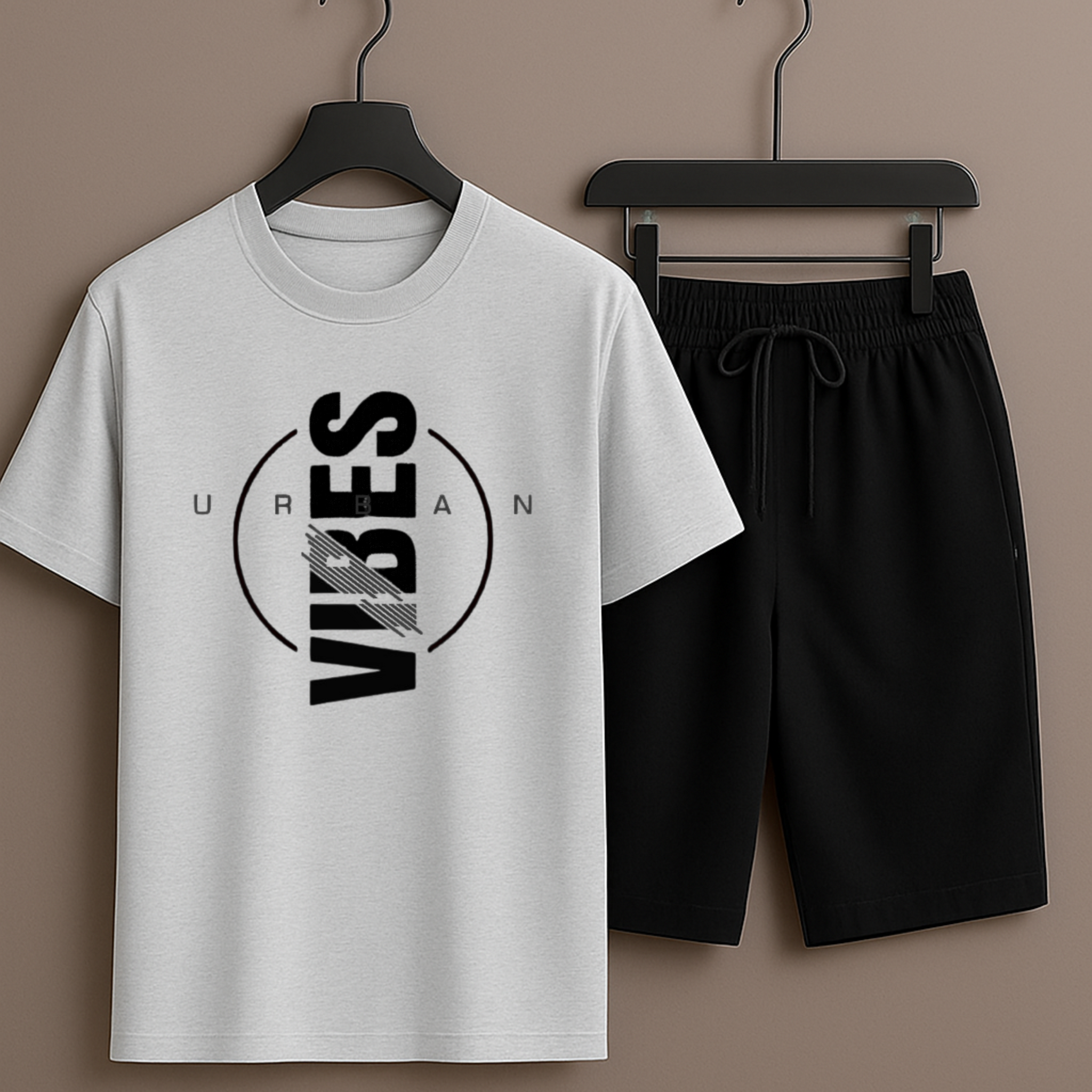 Grey T-Shirt Printed with Black Shorts– Comfortable Wear (3374)