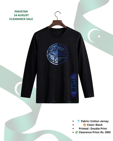 Black Printed Men’s Full Sleeves Tee – Jersey Fabric, Classic Fit, Everyday Comfort (Code 5536)