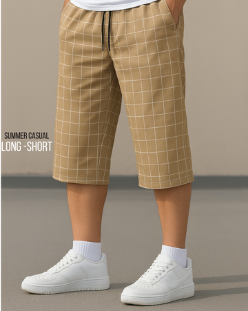 Men’s Beige Checkered  Digital Printed Long-Shorts – Soft & Comfortable (3324)