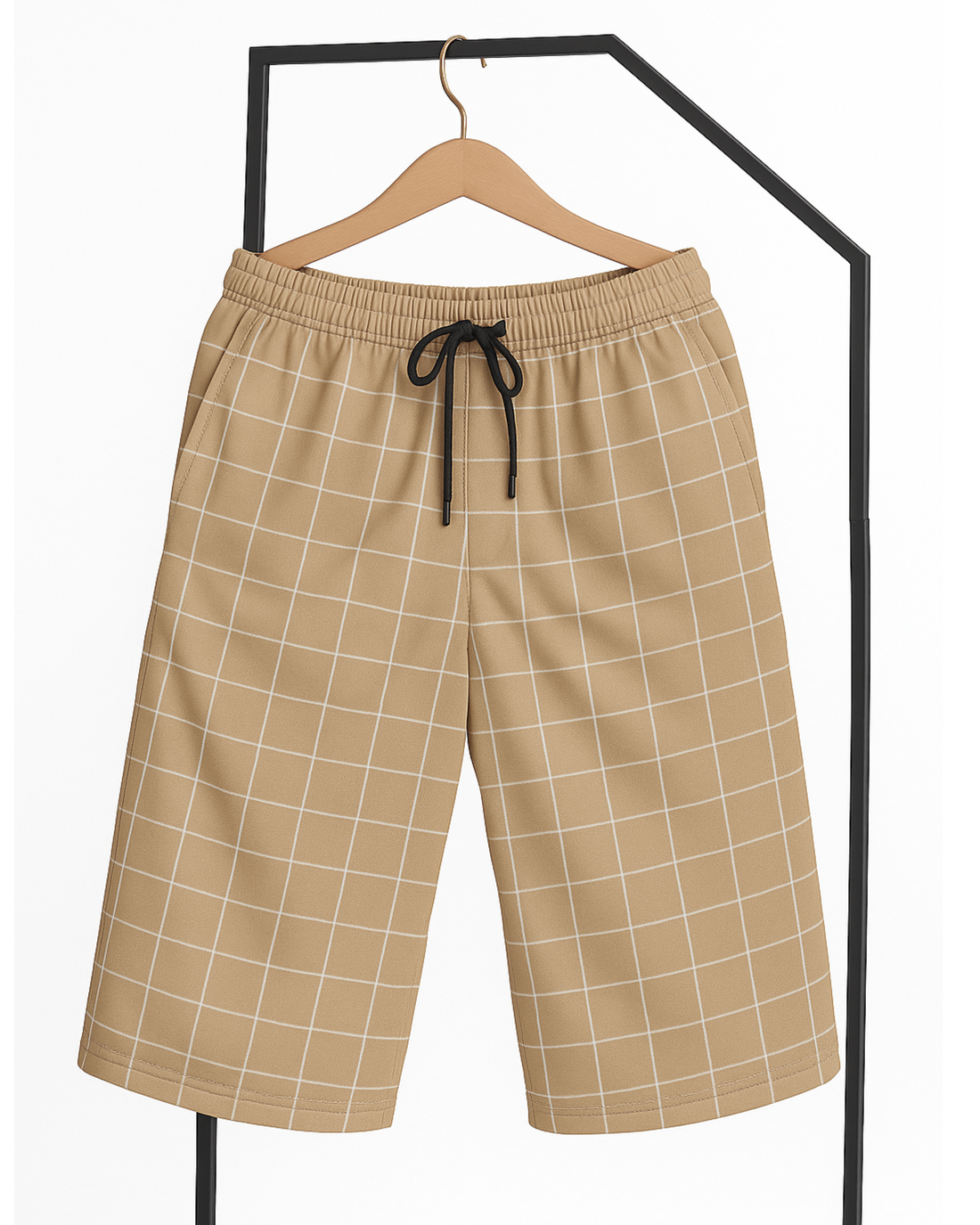 Men’s Beige Checkered  Digital Printed Long-Shorts – Soft & Comfortable (3324)