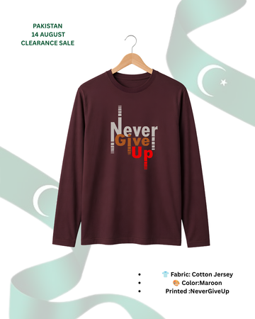 Maroon Printed Men’s Full Sleeves Tee – Jersey Fabric, Classic Fit, Everyday Comfort (Code 3557)