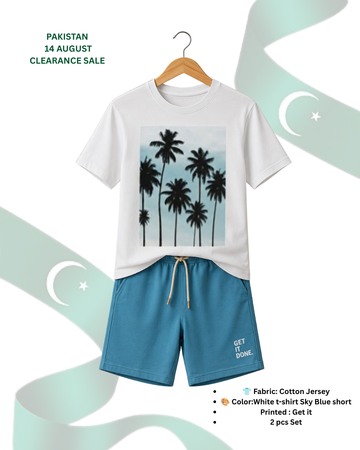 White T-Shirt Printed with Printed Sky Blue Shorts– Comfortable Wear (Code 3839)