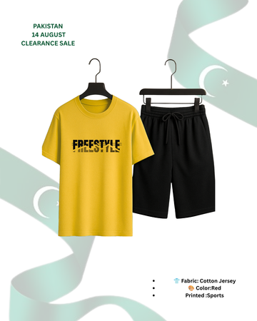 Yellow T-Shirt Printed with Black Shorts– Comfortable Wear (Code 3407)