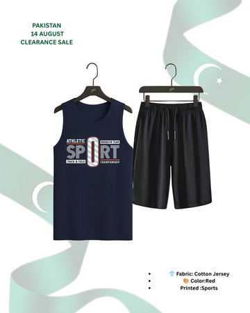 Navy Tanktop Sports Print with Black Shorts– Comfortable Wear (Code 3351)