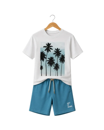 White T-Shirt Printed with Printed Sky Blue Shorts– Comfortable Wear (Code 3839)