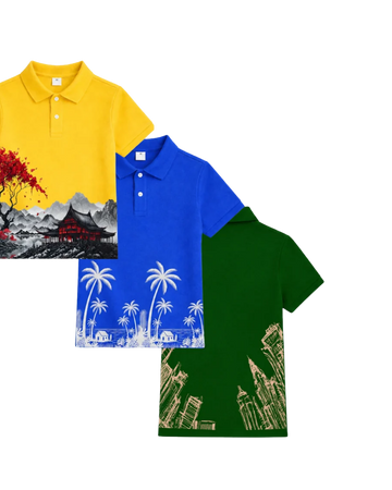 Boys' Colourful Graphics Printed Pique Polo Pack of 3 (Code 5561)
