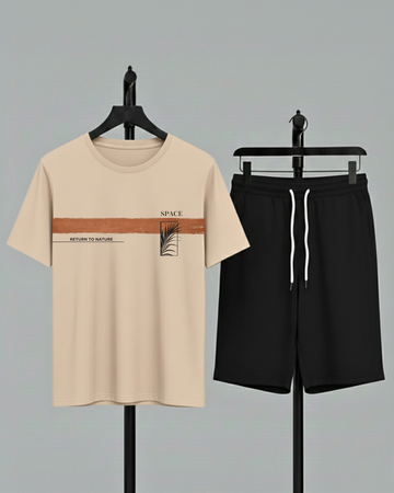 Beige T-Shirt Printed Black Shorts– Comfortable Wear (Code 4743)