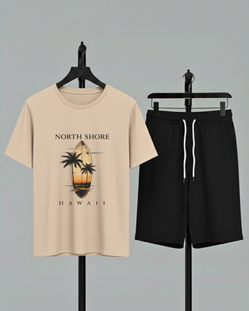 Beige T-Shirt Printed Black Shorts– Comfortable Wear (Code 4758)