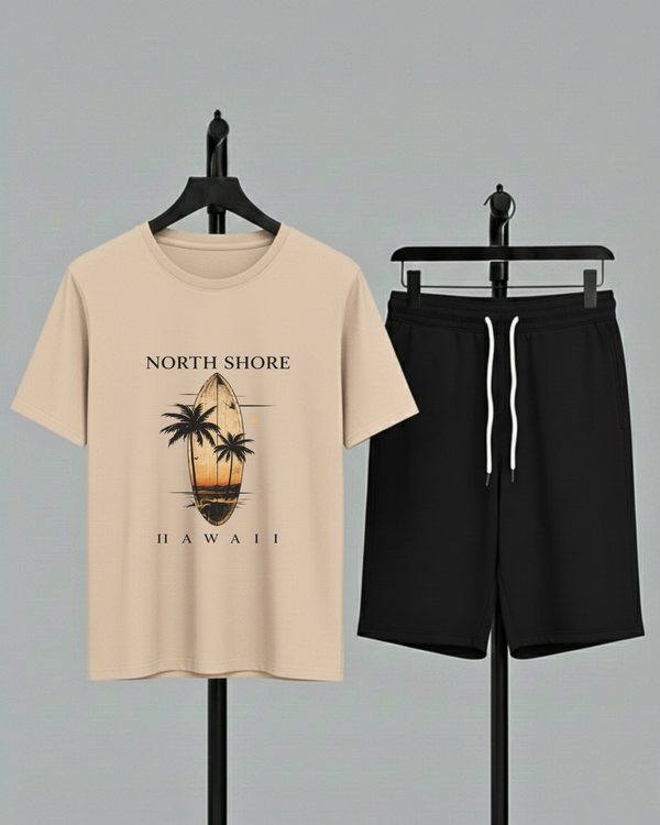 Beige T-Shirt Printed Black Shorts– Comfortable Wear (Code 4758)