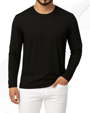 Black Men’s Full Sleeves Tee – Jersey Fabric, Classic Fit, Everyday Comfort (3553)