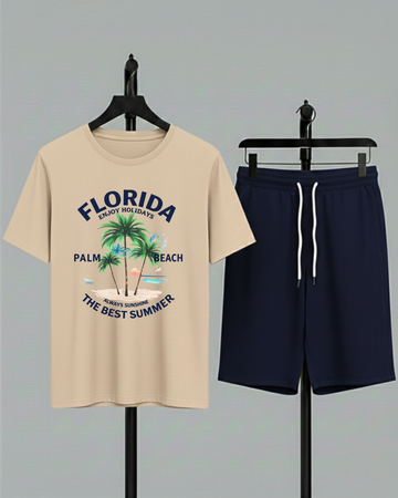 Beige T-Shirt Printed Navy Blue Shorts– Comfortable Wear (Code 4756)