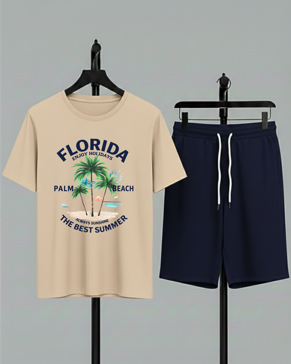 Beige T-Shirt Printed Navy Blue Shorts– Comfortable Wear (Code 4756)