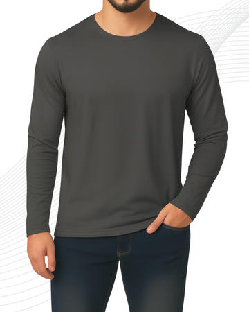 Dark Grey Men’s Full Sleeves Tee – Jersey Fabric, Classic Fit, Everyday Comfort (3549)