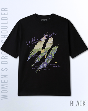 Black Women Yellow Moon Graphic Drop Shoulder T-Shirt (Code 4941)