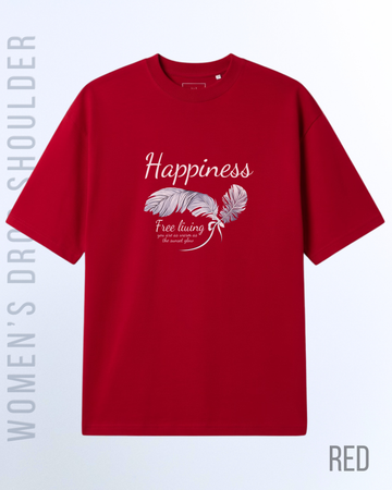 Red Women Happiness Free Living Graphic Drop Shoulder T-Shirt (Code 4936)