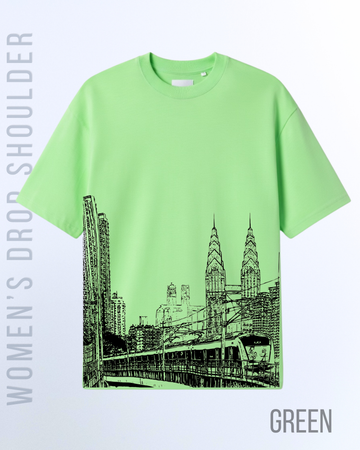 Light Green Women's Cityscape Graphic Drop Shoulder T-Shirt (Code 5024)