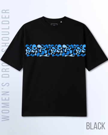 Black Women's Blue Pattren Graphic Drop Shoulder T-Shirt (Code 5025)