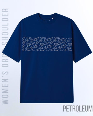 Petroleum Blue Women's Bloom Pattren Graphic Drop Shoulder T-Shirt (Code 5026)
