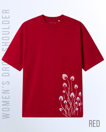 Red Women's Bloom Side Print Graphic Drop Shoulder T-Shirt (Code 5055)