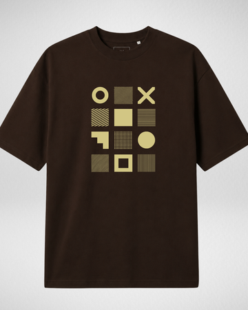 Dark Brown Geometric Grid Printed Drop Shoulder T-Shirt (Code 5375)