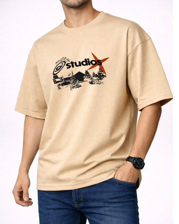 Beige Printed Drop Shoulder T-Shirt (Code 4875)