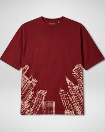 Maroon Downtown Tower Sketch Print Drop Shoulder T-Shirt (Code 4907)
