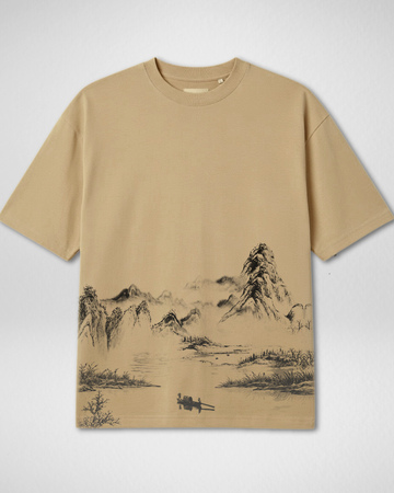 Beige Japanese Print Drop Shoulder T-Shirt (Code 4903)