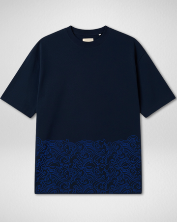 Navy Blue Wave Print Drop Shoulder T-Shirt (Code 4901)