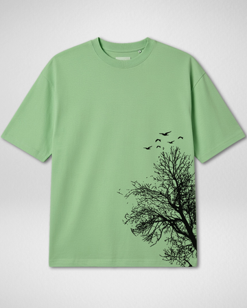 Light Green Minimal Tree & Birds Graphic Drop Shoulder T-Shirt (Code 4900)