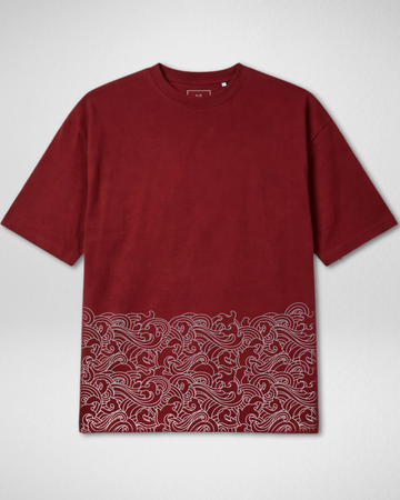 Maroon Wave Print Drop Shoulder T-Shirt (Code 4897)
